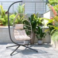 Flash Furniture SDA-AD608001-NAT-GG Cleo Patio Hanging Egg Chair, Wicker Hammock with Soft Seat Cushions & Swing Stand, Indoor/Outdoor Natural Frame-Cream Cushions
